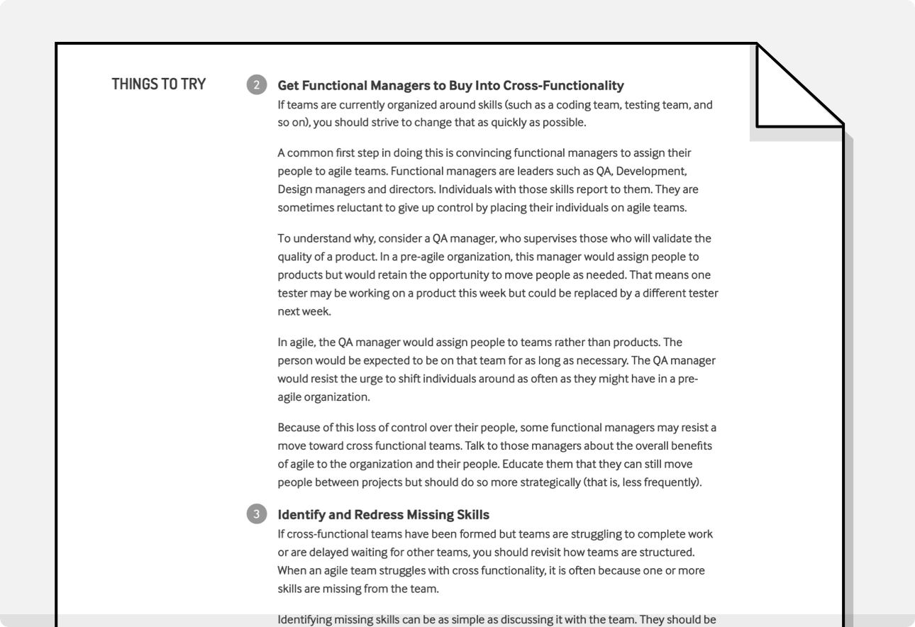 Your customized Elements of Agile report includes several Things to Try; for example, ways to get functional managers to buy into cross-functionality or how to identify and redress missing skills. From these, you can create an improvement backlog, allowing you to manage the improvement process a little bit at a time, fostering more agile work environments.